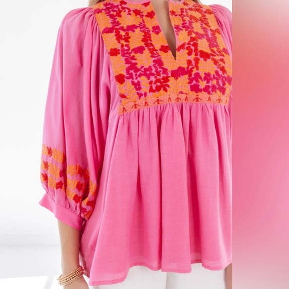 Vibrant Pink Floral Women's Blouse. In boho style. - Picture 4 of 6